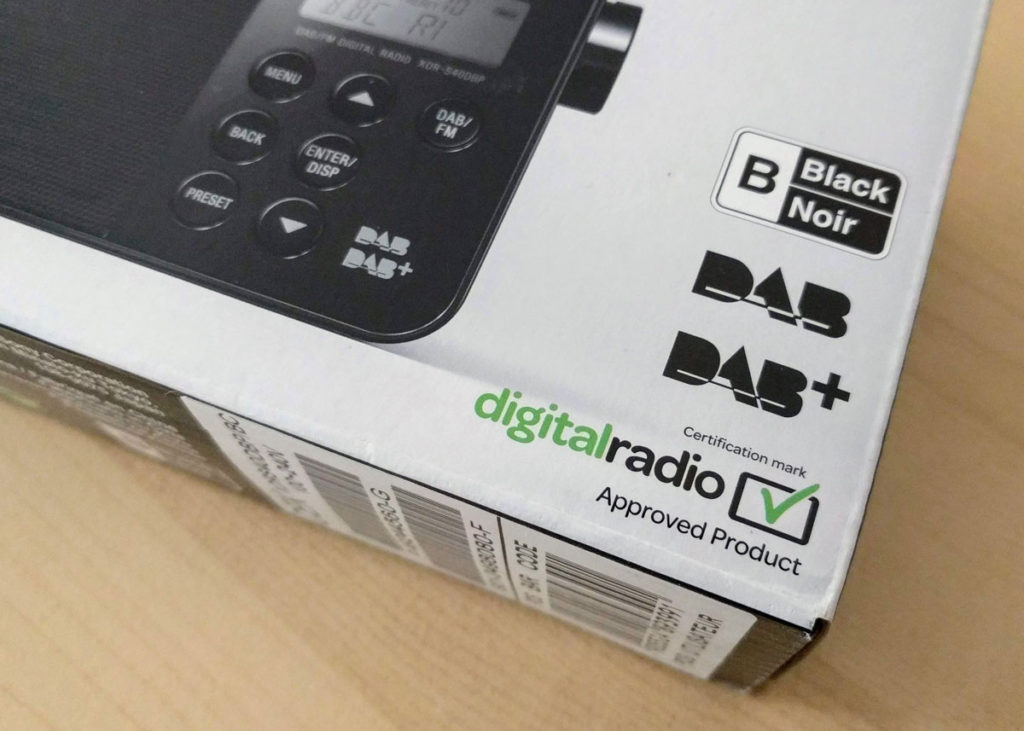 The Digital Radio Tick Mark, below the DAB logos, on a Sony radio