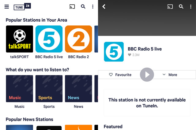 TuneIn on Android showing BBC radio stations