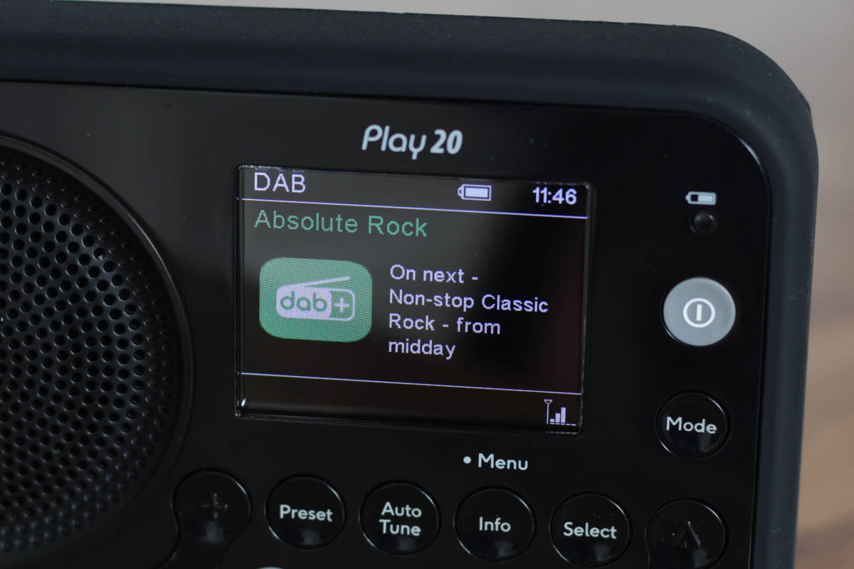 The Roberts Play 20 display shows programme information in DAB mode
