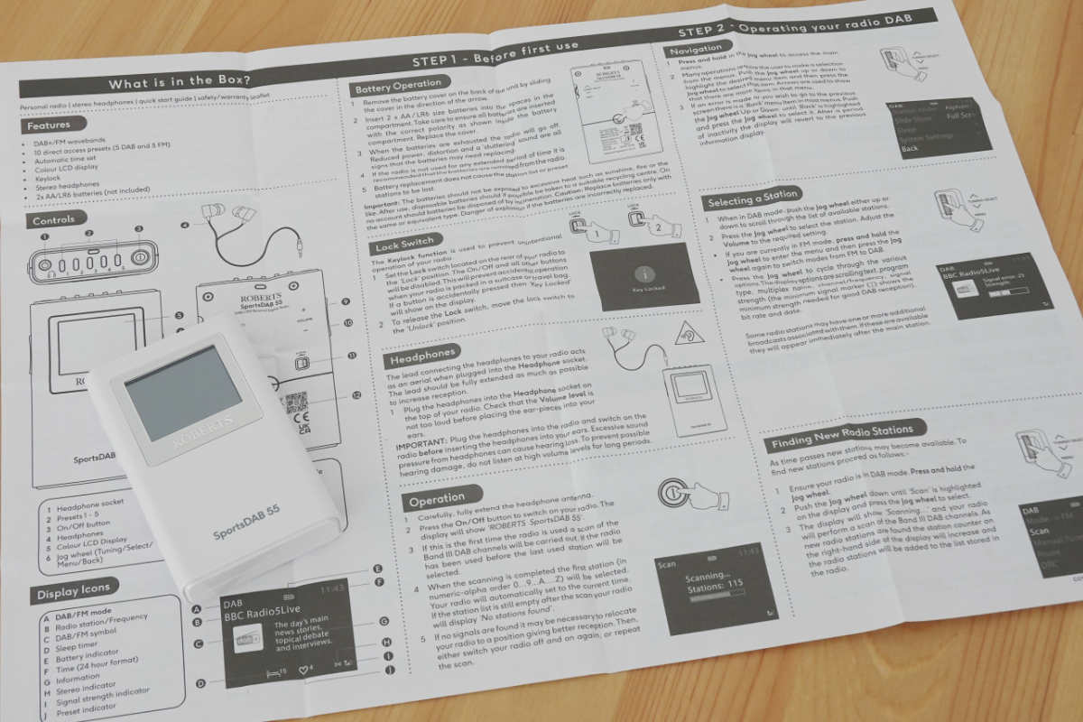 The instructions leaflet for the Roberts SportsDAB 55