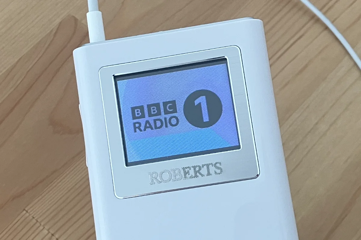 The logo for BBC Radio 1 being shown on the display of the Roberts SportsDAB 55